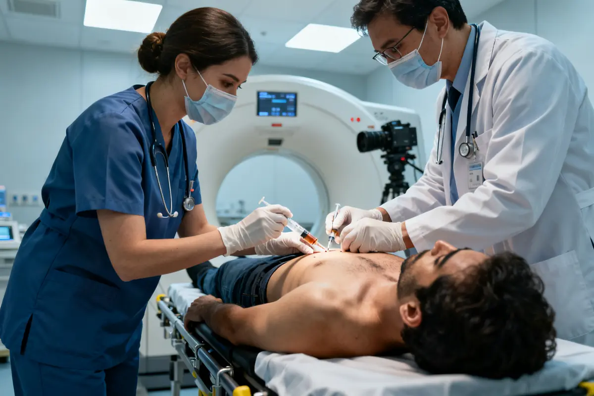 Personnel médical préparant un patient pour une scintigraphie cardiaque dans une salle d'examen médical