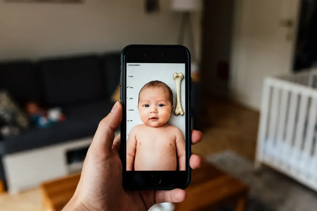Main tenant smartphone affichant bébé avec tableau de correspondance entre longueur du fémur et taille du bébé