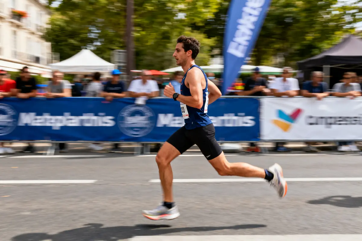 Un coureur dépasse des spectateurs lors d'une course évoquant le temps moyen d'un semi-marathon