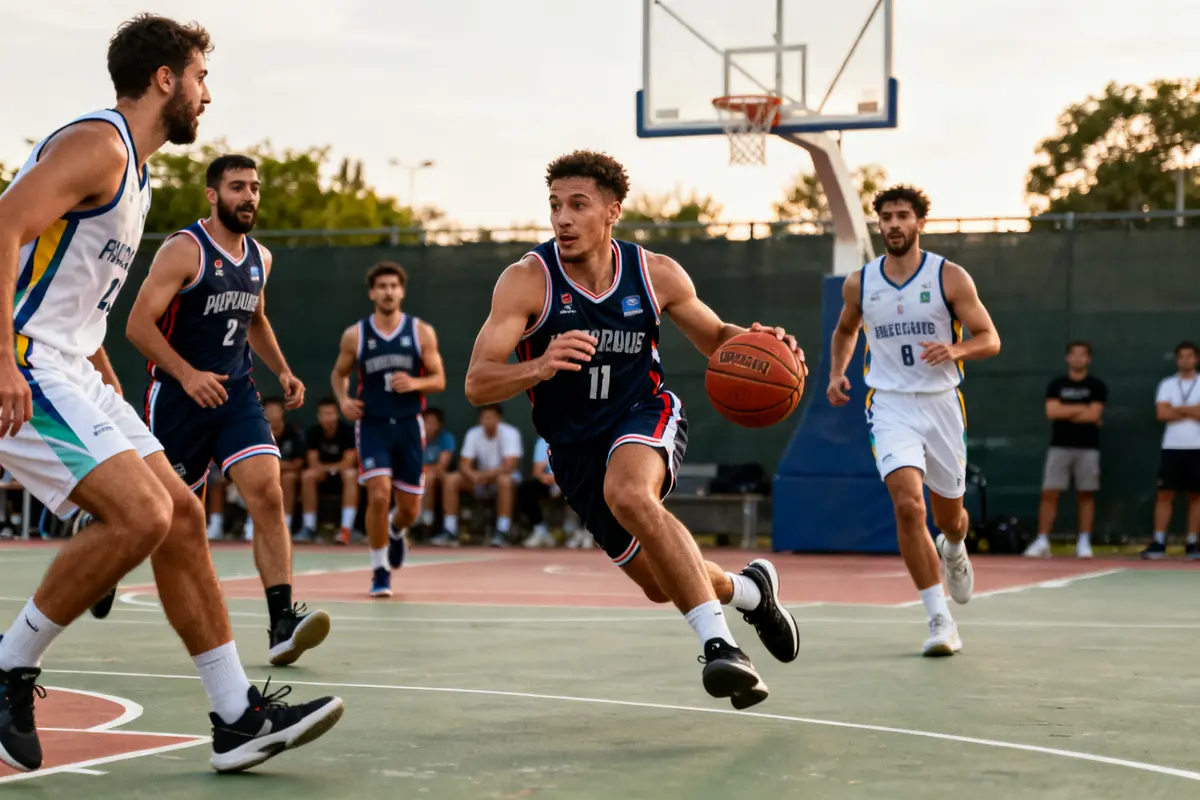 Joueur prépare un triple-double au basket en dribblant pendant le match extérieur compétitif