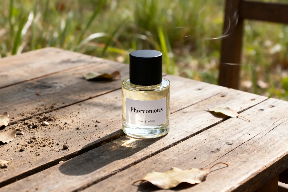 Bouteille de parfum sur table en bois, entourée de feuilles sèches, en plein air.