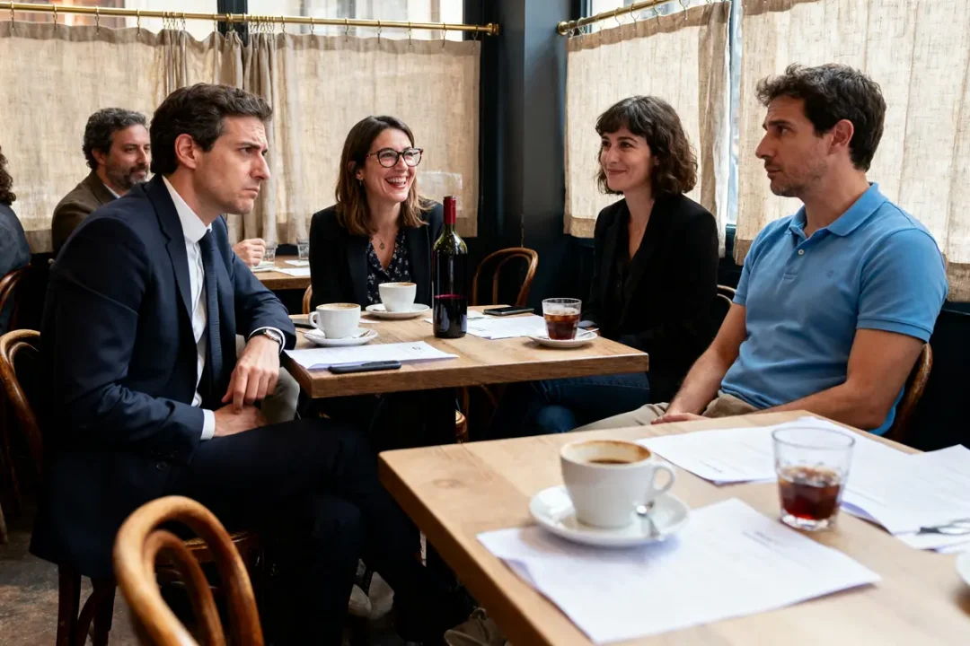 Quatre personnes discutent autour d'une table dans un café, avec tasses de café et bouteille de vin.