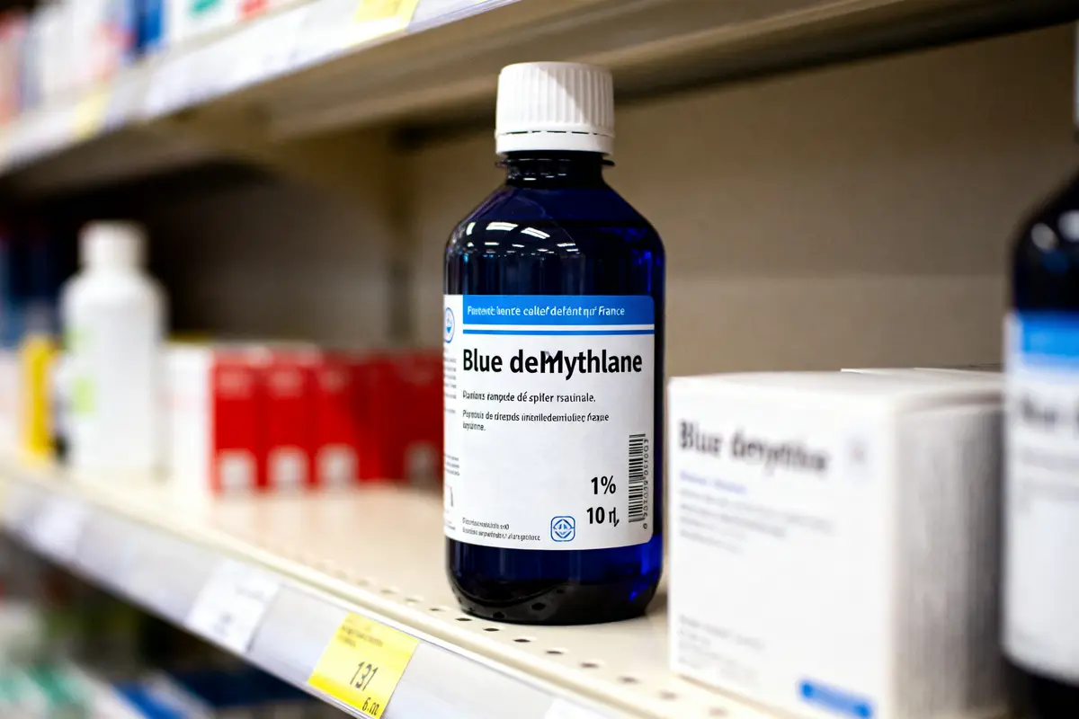 Bouteille de bleu de méthylène en pharmacie sur une étagère d'apothicaire.