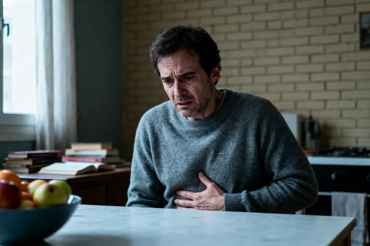 Un homme assis, l'air préoccupé, main sur l'estomac, table avec fruits et livres en arrière-plan.