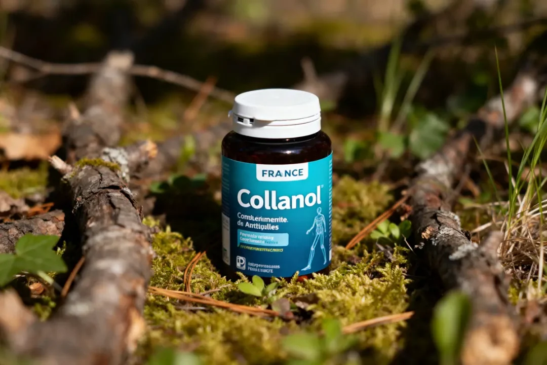 Bouteille de compléments alimentaires Collanol posée sur de la mousse en forêt, branches autour.