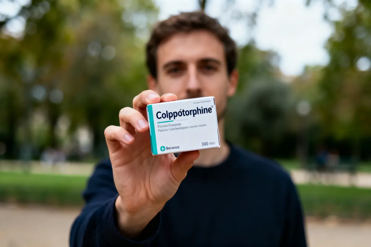 Un homme montre une boîte de médicament nommée Colpótorphine dans un parc flou.