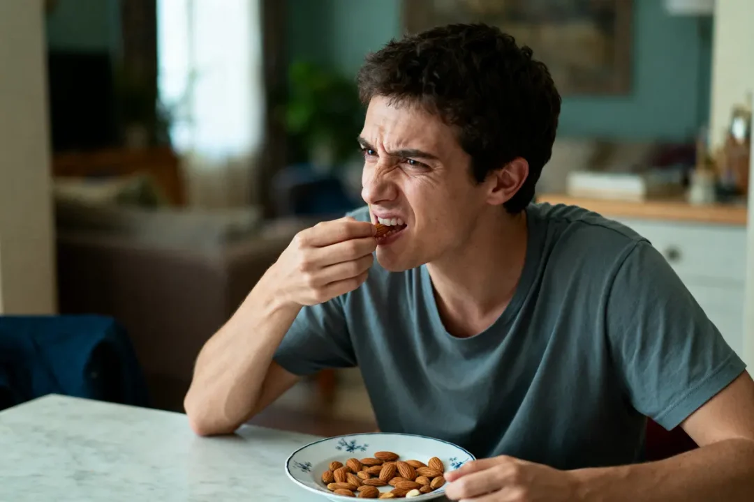 Un homme mange des amandes à table, exprimant une réaction intense, dans une pièce à vivre.