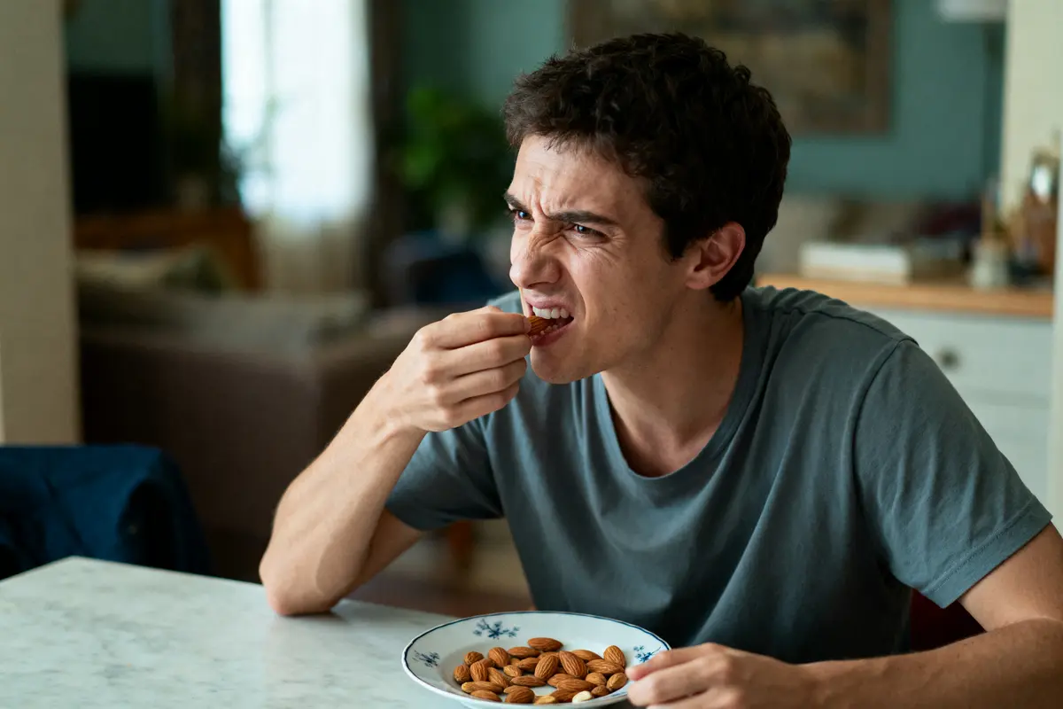 Un homme mange des amandes à table, exprimant une réaction intense, dans une pièce à vivre.