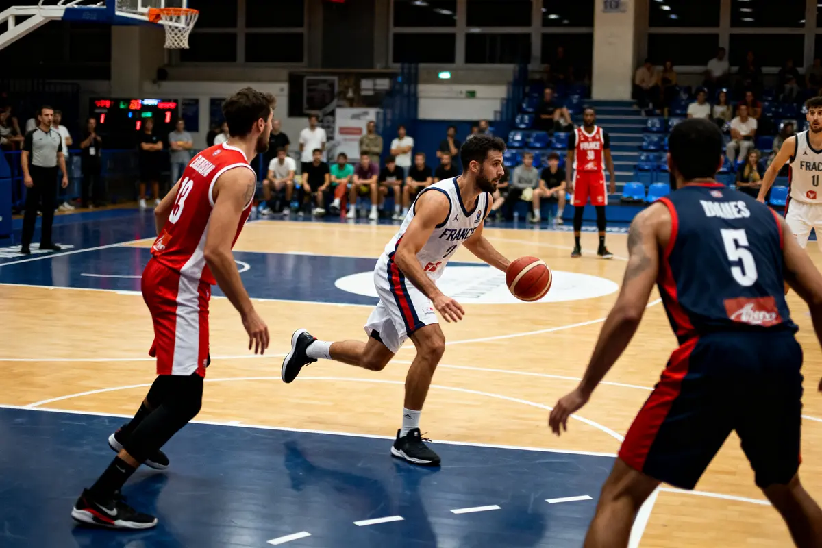 Joueur de basket dribblant vers le panier lors d'un match en intérieur, public en arrière-plan.