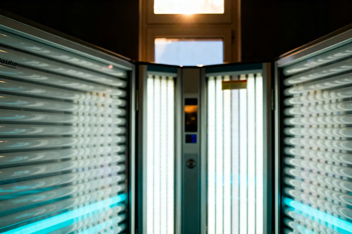 Cabine de bronzage avec plusieurs lampes UV allumées, située devant une fenêtre.
