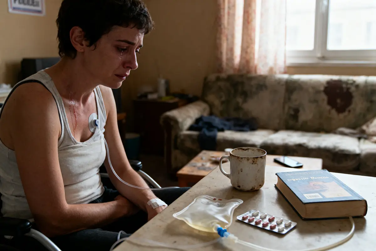 Une femme en détresse, perfusion, médicaments, livre, tasse, dans un intérieur délabré et sombre.