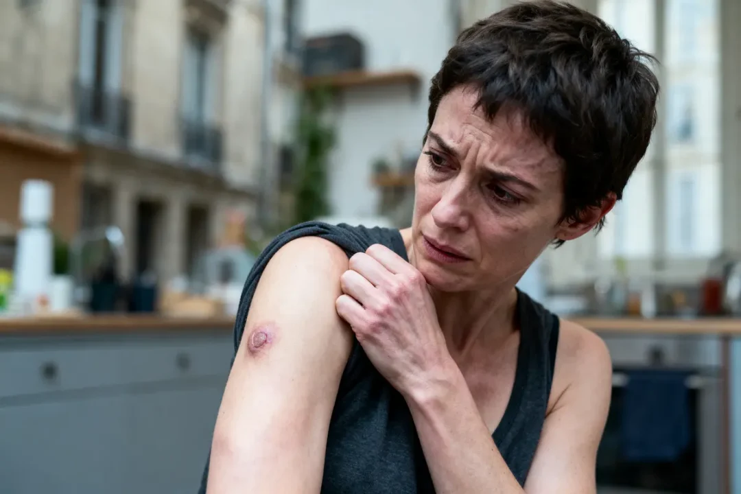 Une femme regarde son bras avec inquiétude, découvrant une blessure circulaire sur la peau.
