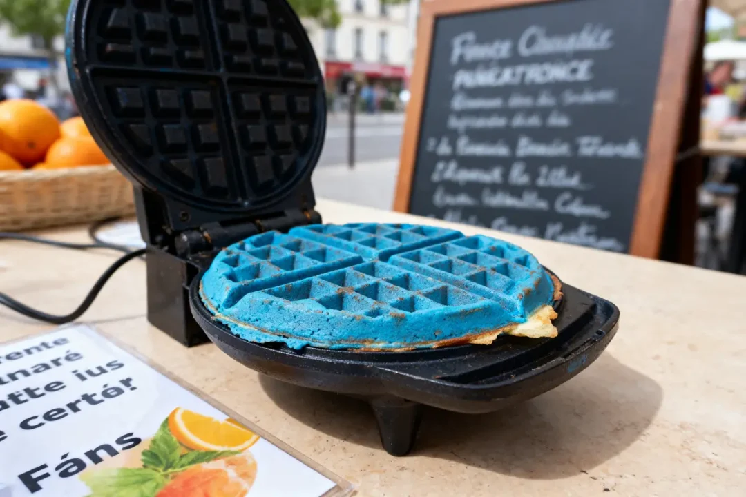 Gaufre bleue dans un gaufrier sur table extérieure avec arrière-plan flou de café et ardoise menu.