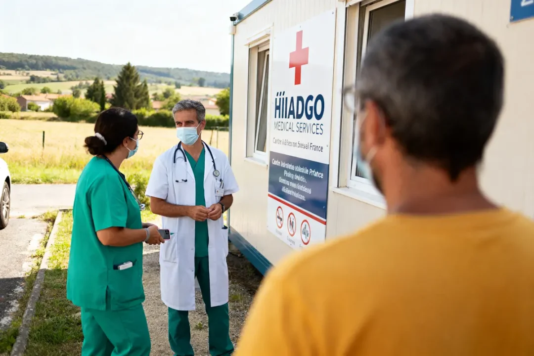 Trois personnes en tenue médicale discutent devant un centre de santé mobile en pleine campagne.