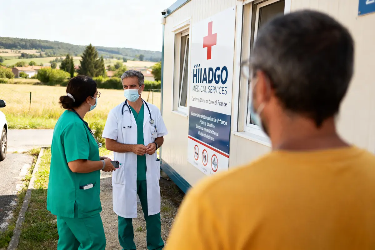 Trois personnes en tenue médicale discutent devant un centre de santé mobile en pleine campagne.