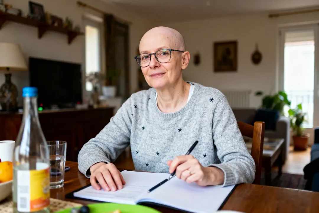 Personne assise à une table, souriante, tenant un stylo avec cahier ouvert, bouteille et fruits visibles.