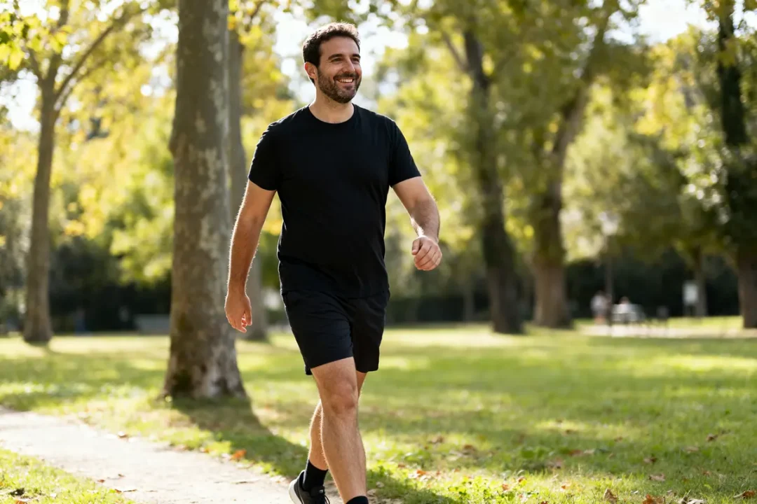 Homme souriant marchant dans un parc, illustrant le témoignage "j'ai maigri en marchant quotidiennement"