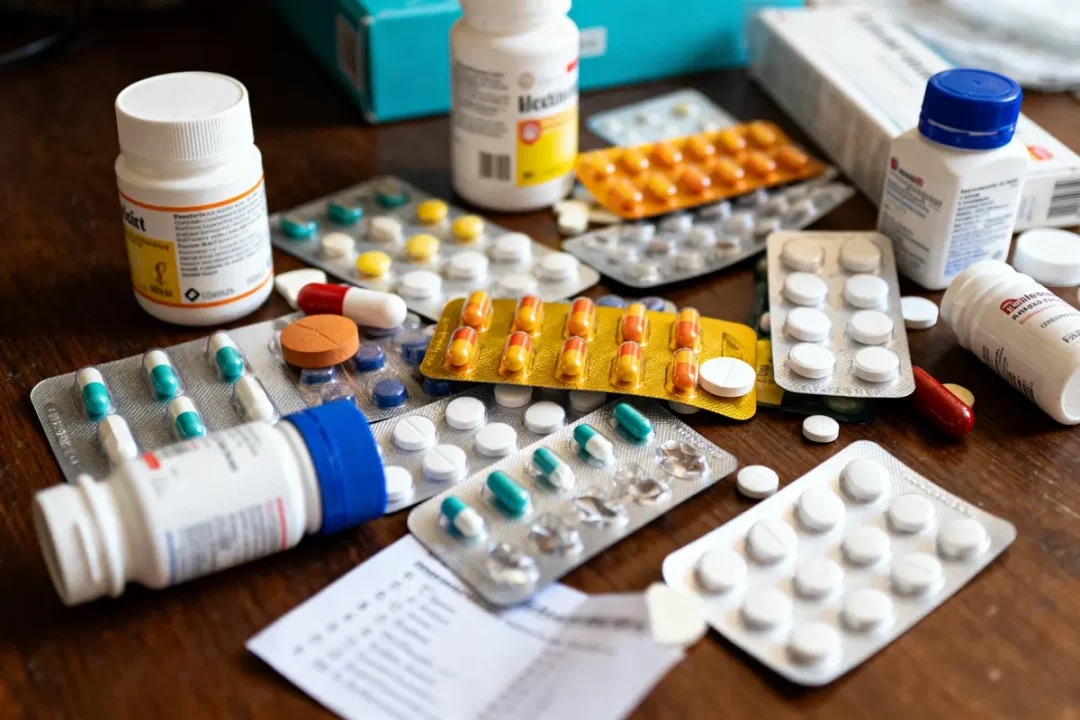 Médicaments variés en plaquettes et flacons sur une table en bois, liste partiellement visible à proximité.
