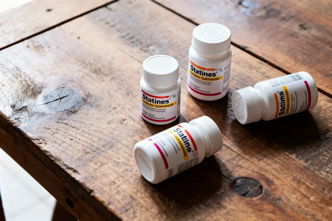 Quatre bouteilles de médicament "Statines" sur une table en bois rustique, lumière naturelle.