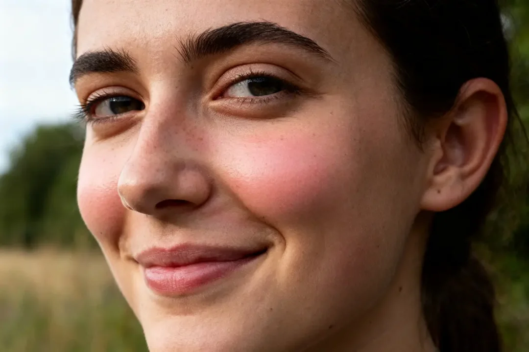 Femme souriante avec teint clair, ma rosacée a disparu, visage en gros plan lumineux