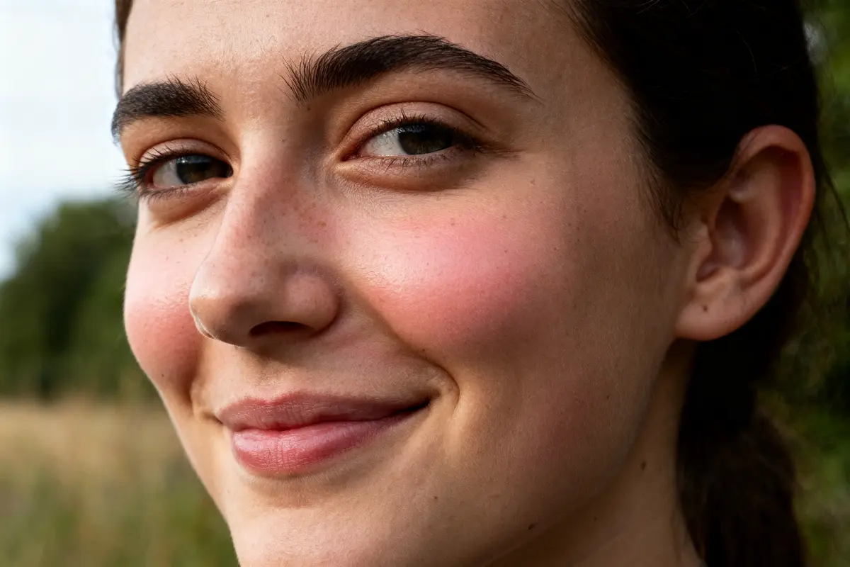 Femme souriante avec teint clair, ma rosacée a disparu, visage en gros plan lumineux