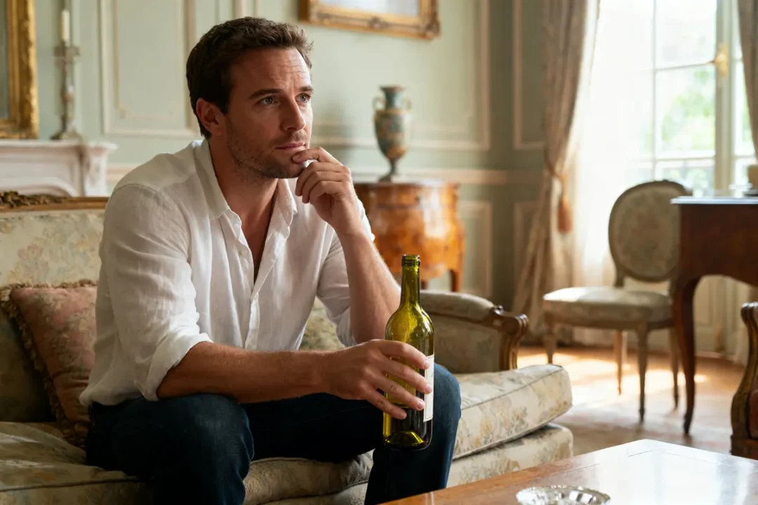 Un homme pensif assis, tenant une bouteille de vin, comme mon mari chaque jour