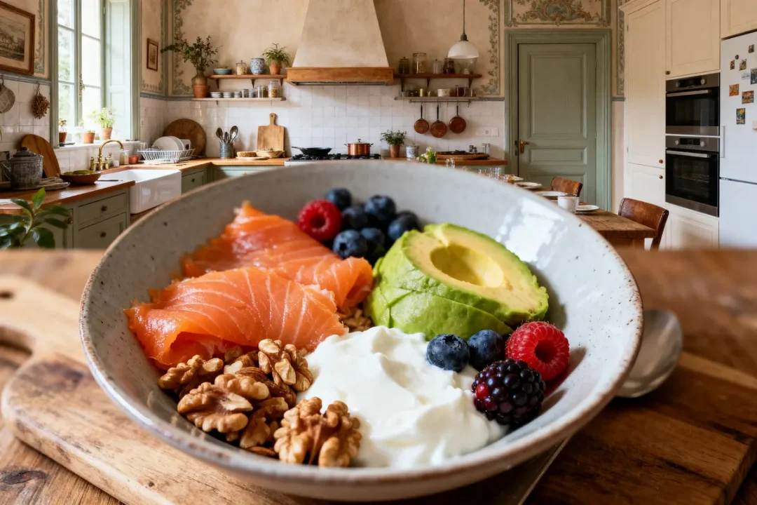 Bol de saumon fumé, avocat, noix, yaourt, fruits rouges dans cuisine rustique avec étagères et plantes.