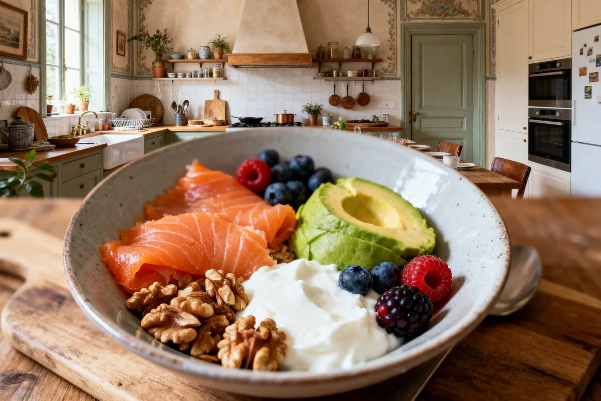 Bol de saumon fumé, avocat, noix, yaourt, fruits rouges dans cuisine rustique avec étagères et plantes.