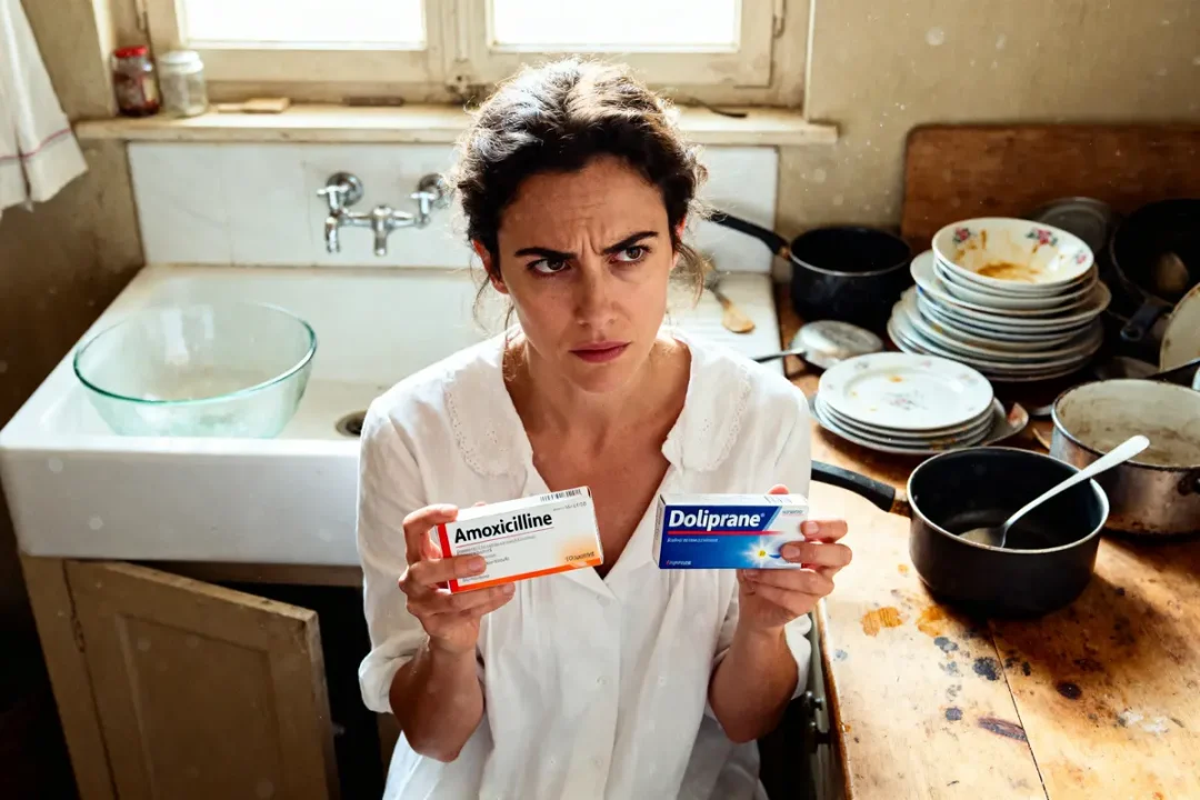 Femme avec expression perplexe tenant amoxicilline et Doliprane, cuisine encombrée d'assiettes empilées et casseroles.