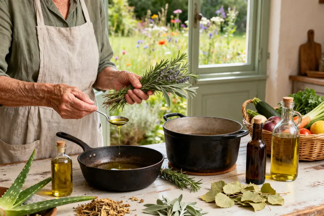 Personne préparant un remède de grand-mère pour sécheresse intime avec plantes et huiles naturelles