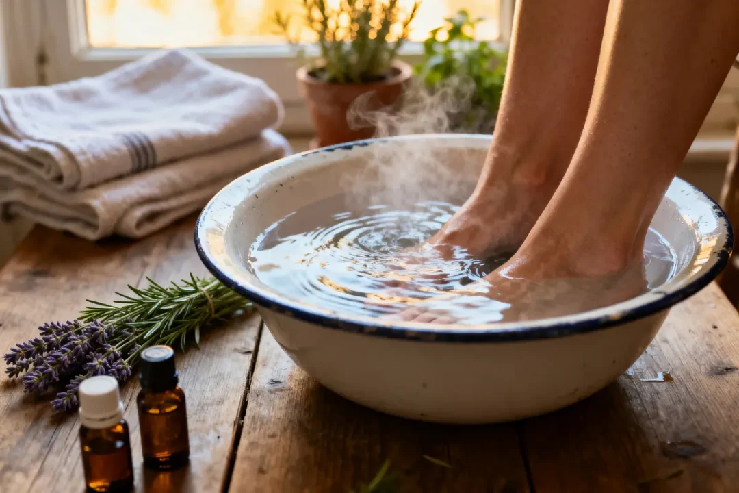 Pieds trempés dans une bassine d'eau chaude avec huile essentielle, serviettes et plantes aromatiques.
