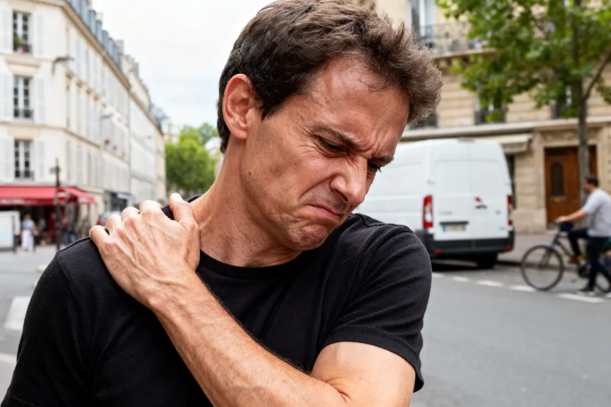 Homme en ville se tenant l'épaule gauche avec une expression de douleur. Rue animée en arrière-plan.