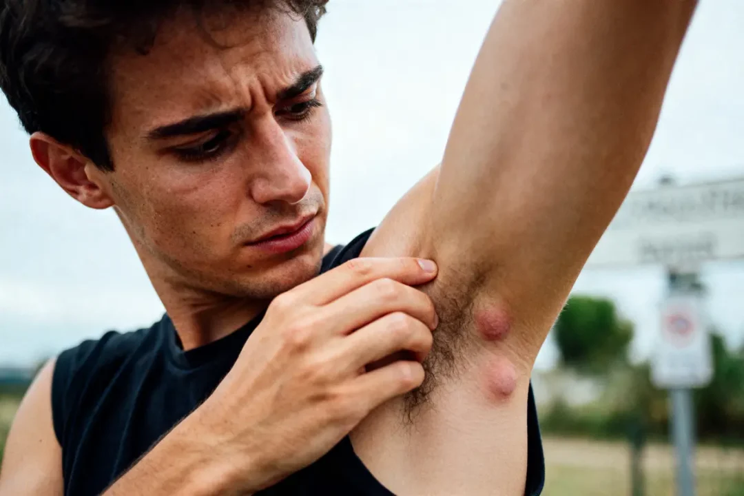 Jeune homme examinant son aisselle avec deux bosses rouges visibles, signe possible d'infection ou irritation.