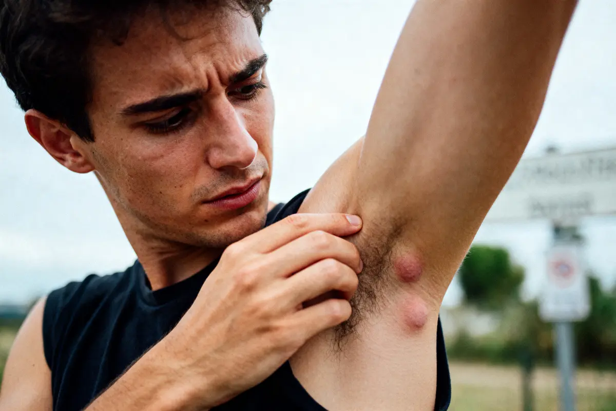 Jeune homme examinant son aisselle avec deux bosses rouges visibles, signe possible d'infection ou irritation.