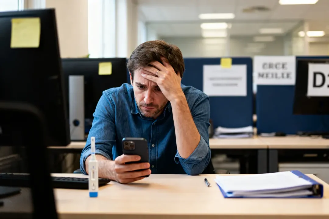 Homme préoccupé tenant un téléphone dans un bureau, assis devant un ordinateur et un document sur un bureau.