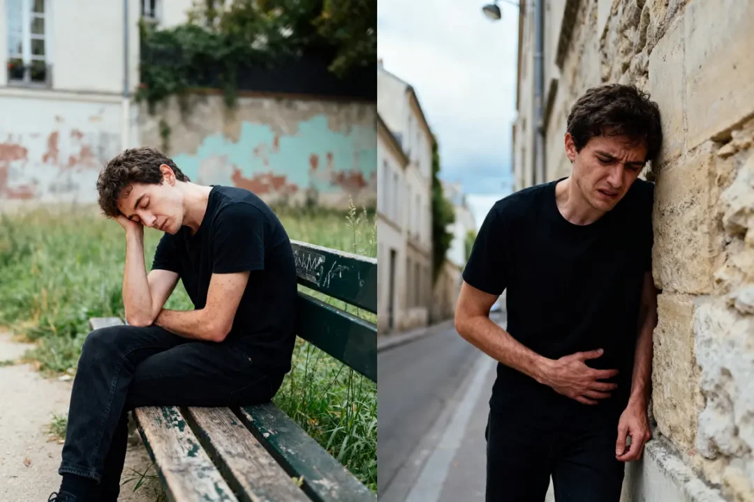 Deux images d'un homme en noir souffrant, assis sur un banc puis debout contre un mur.