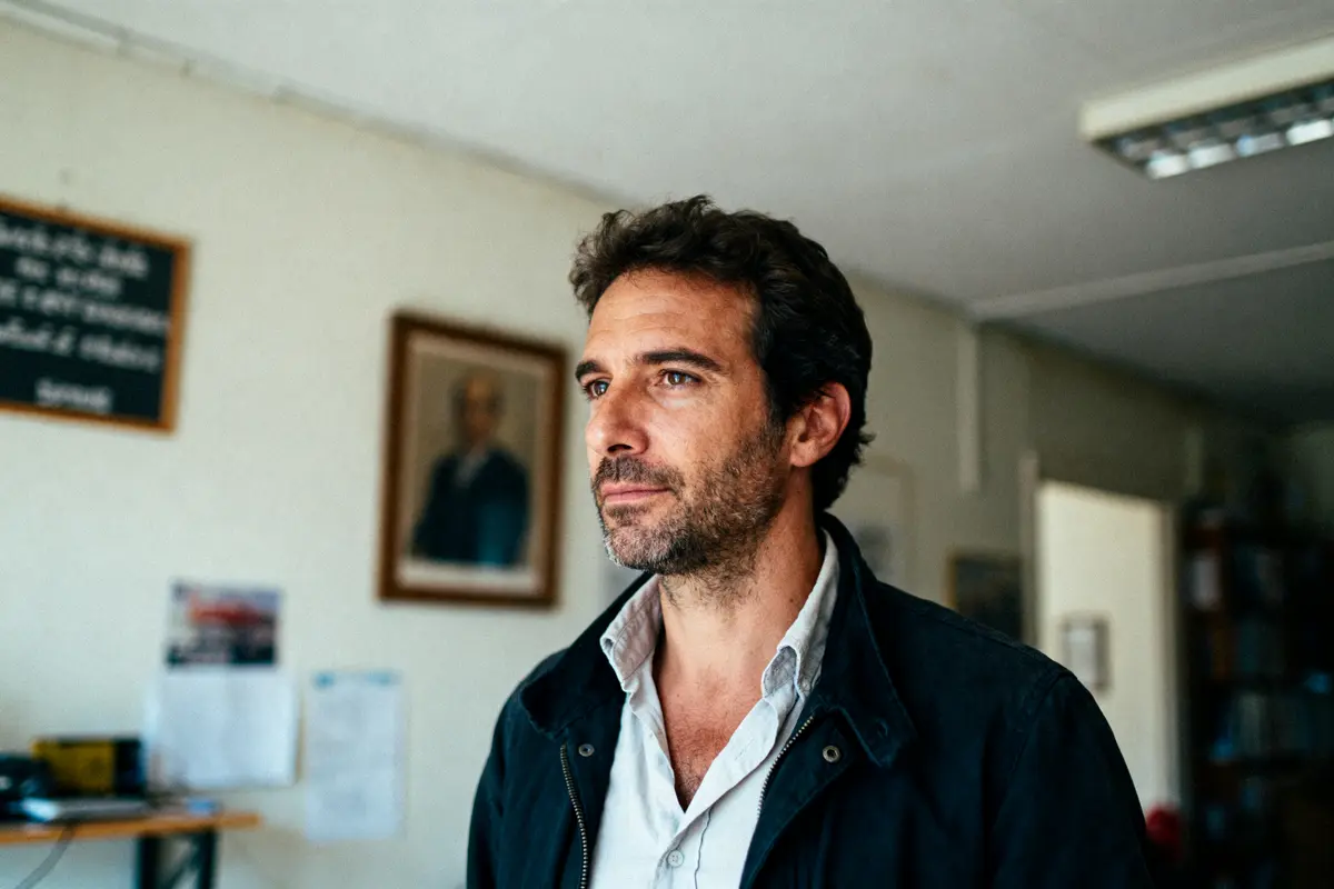 Homme barbu regardant au loin, cadre intérieur, portrait accroché, ambiance bureau.