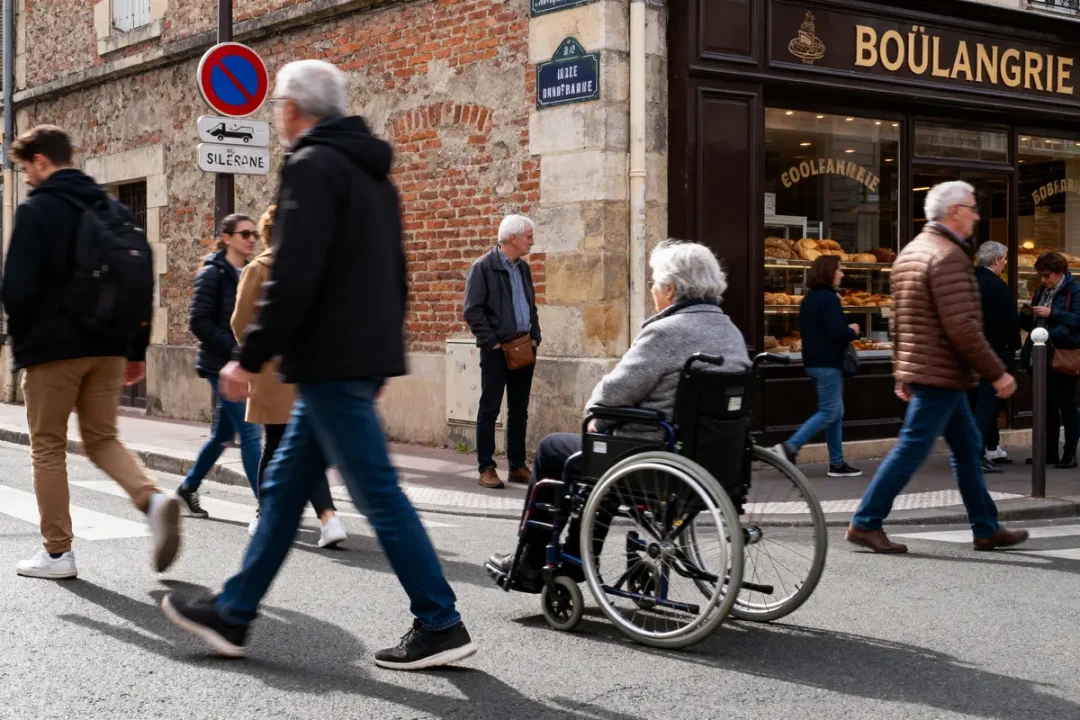 Des piétons traversent devant une boulangerie, une personne en fauteuil roulant visible. Ambiance urbaine animée.
