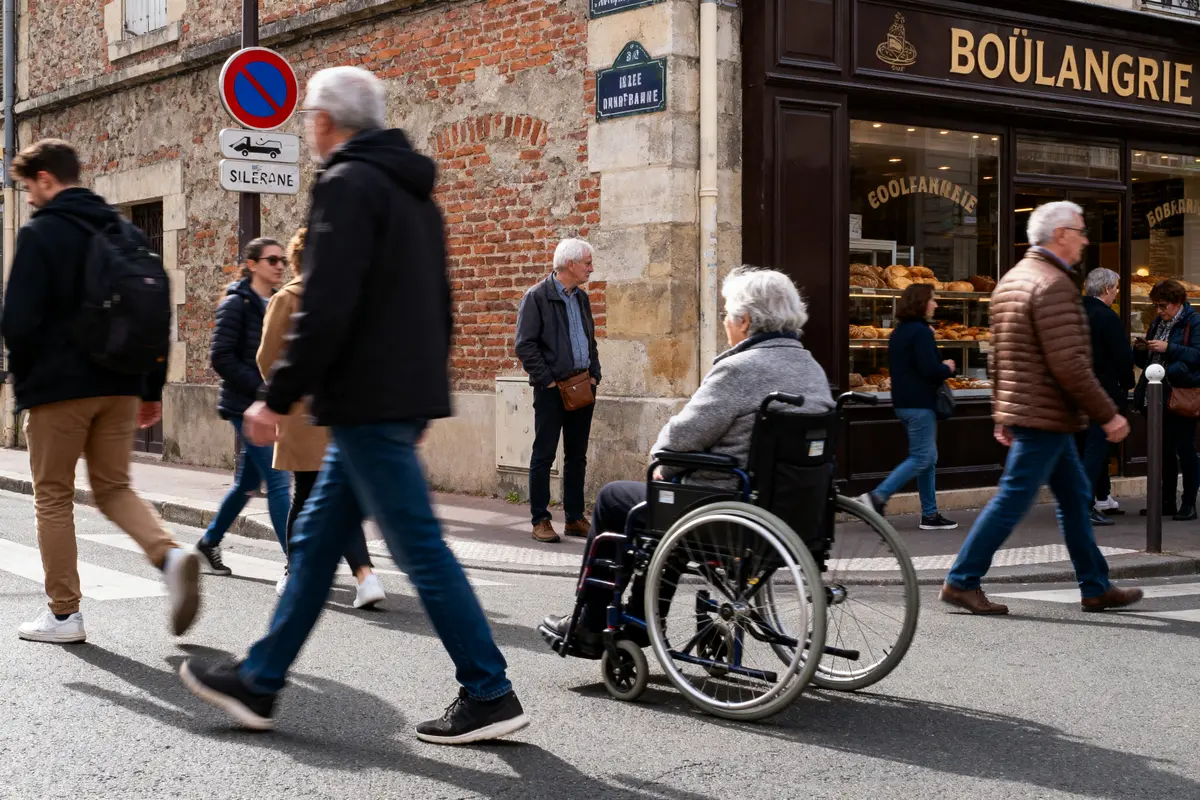 Des piétons traversent devant une boulangerie, une personne en fauteuil roulant visible. Ambiance urbaine animée.